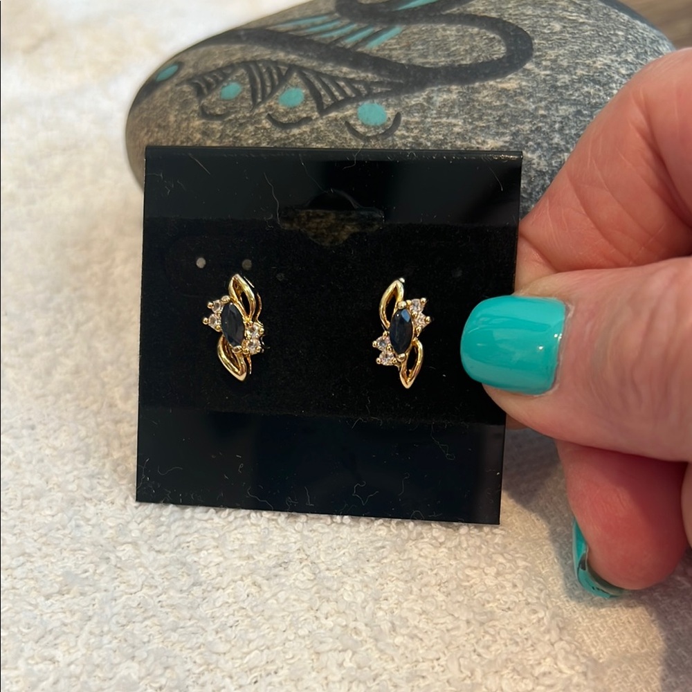 Sapphire & Crystal Rhinestones in Gold Tone Stud Earrings